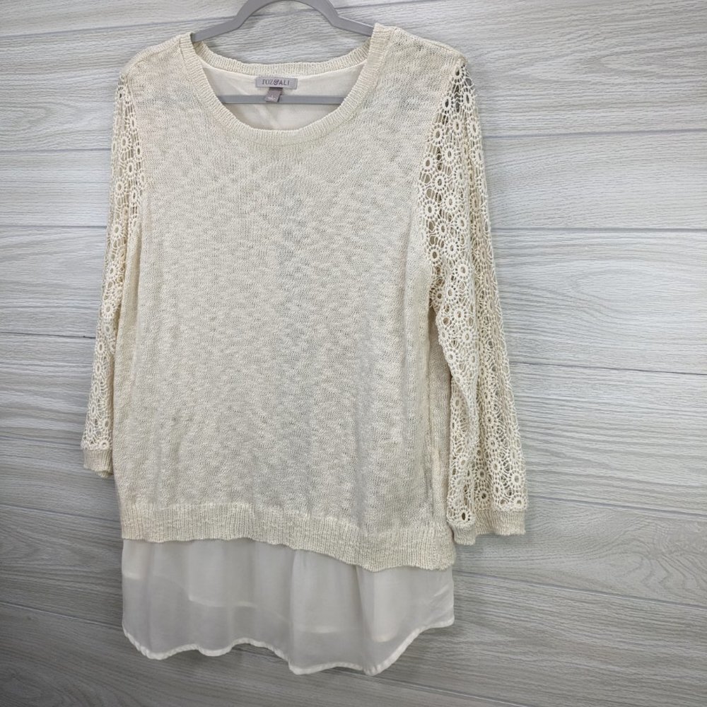 Roz & Ali Cream Crochet Knit Chiffon Trim Sweater - Picture 3 of 8